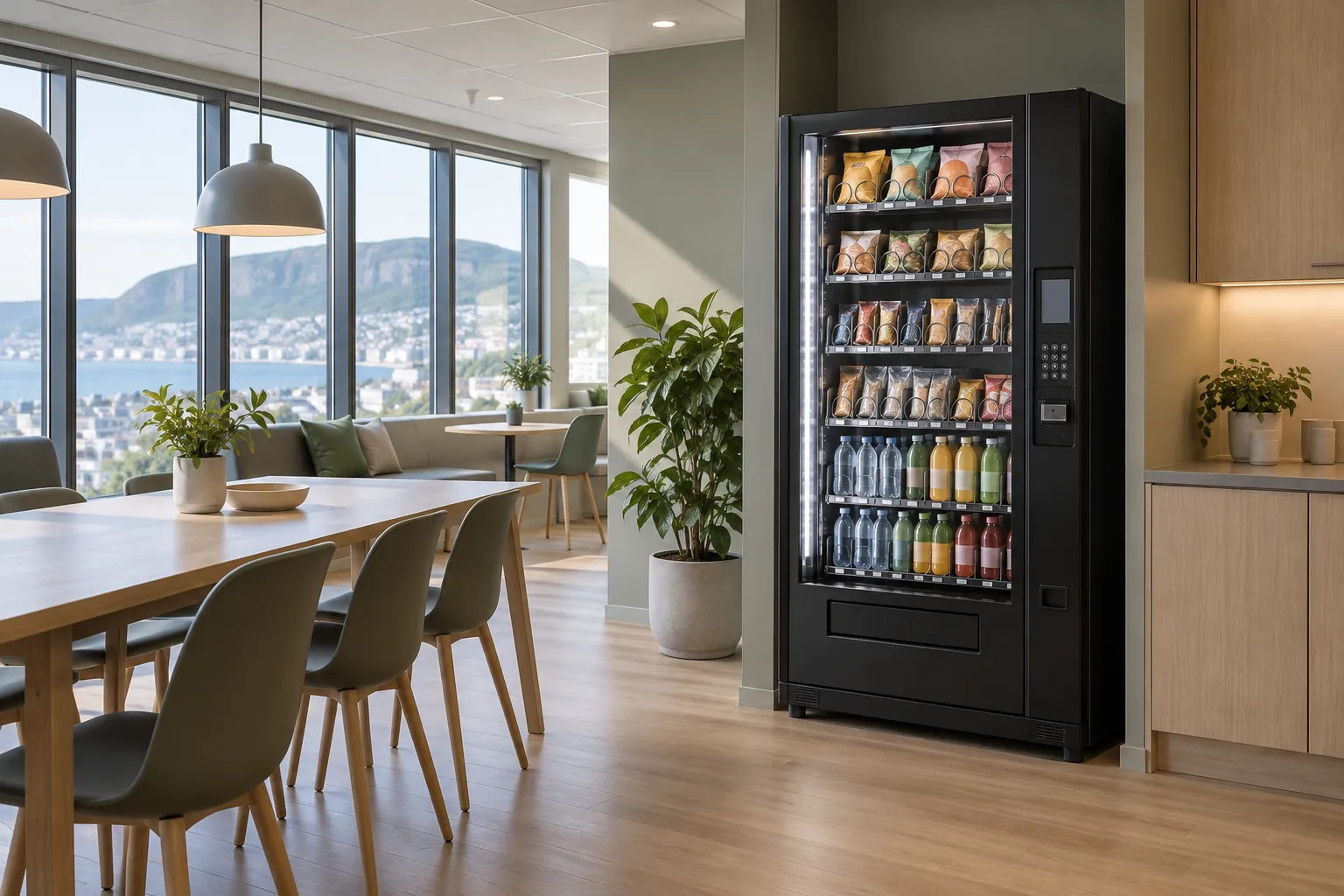 Moderne pauserom på et kontor med glassfrontautomat for snacks og drikke, lyst tre og skandinavisk interiør, med utsikt over en by ved fjorden.